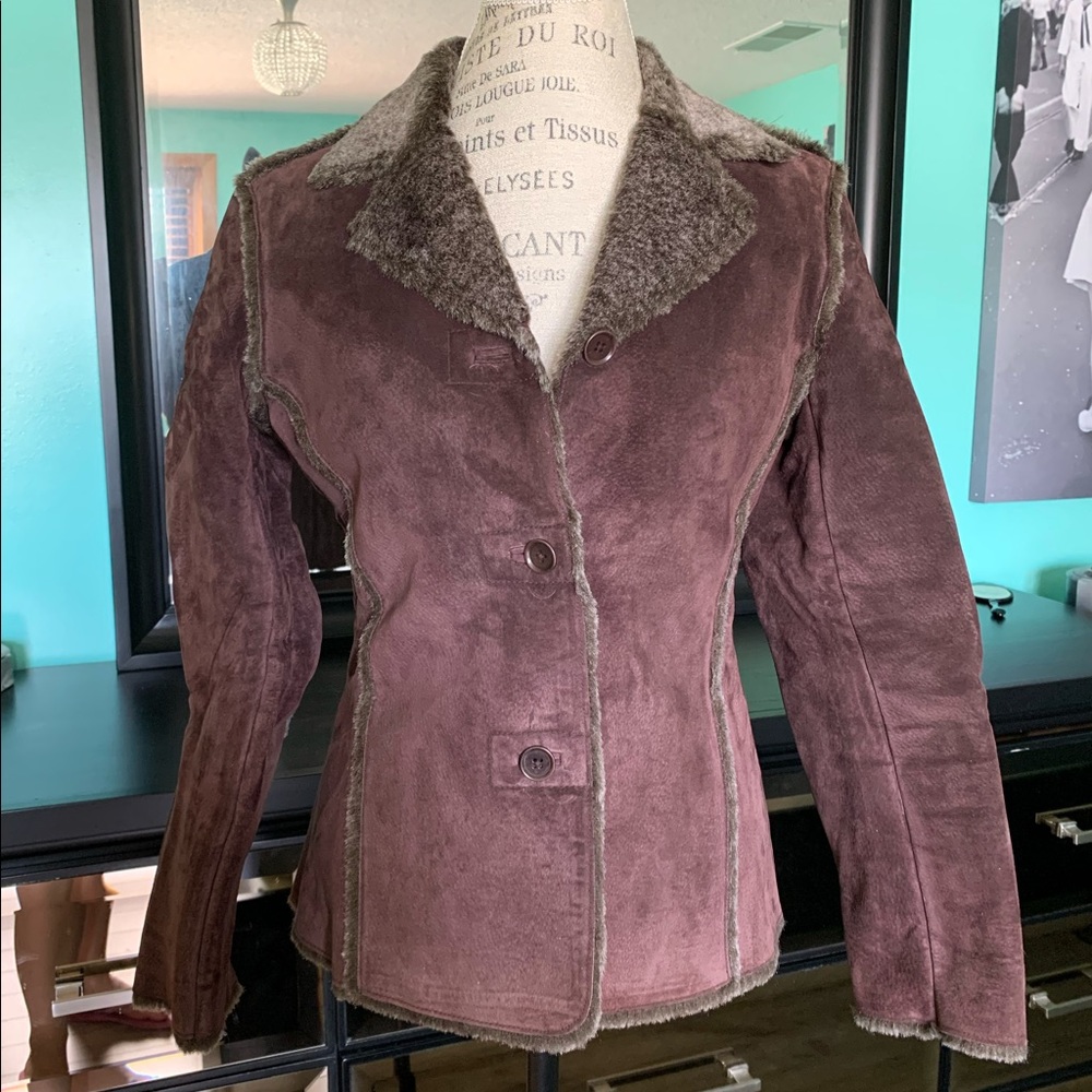 Caslon brown leather shearling coat